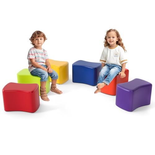 COSTWAY 6 er Set Kinderhocker, Schmetterlingshocker aus Schaumstoff mit abnehmbarem PU-Bezug, bunter Sitzhocker stapelbar, Fußhocker für Kinderzimmer, Kindergarten