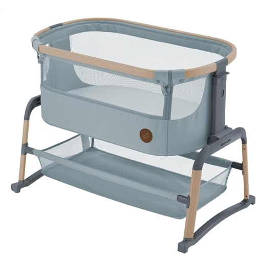 Maxi-Cosi Iora Air Beistellbett Baby, Co-Sleeper mit Allround-Netzgewebe, 0–6 Monate (9 kg), Schaukelmodus,5 Höhenstufen, Leichtes Schieben, Leicht zu Tragen, 2 Räder, Beyond Grey