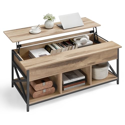 VASAGLE Couchtisch, höhenverstellbarer Wohnzimmertisch, Kaffeetisch, offener und versteckter Stauraum, X-Streben, 60 x 120 x (48-62) cm, Kamelbraun-schwarz LCT215K50