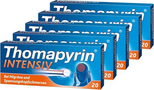 Thomapyrin INTENSIV bei Migräne & intensiveren Kopfschmerzen | 5x20 Stk Vorteilspack|Hochdosierte 3-fach Kombination aus ASS, Paracetamol und Coffein | Wirkt 20 min schneller als Ibuprofen 400 mg