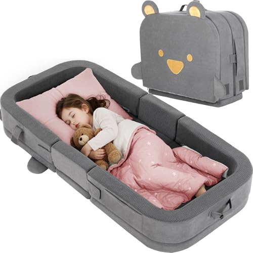 MAMIZO Tragbares faltbares Reisebett Baby, Weiches Kinderbett mit Schaumstoff, Bodenbett mit Taschen und Waschbarer Sofabezug für Baby & Kleinkinder 1-4 Ja, 3KG, babybett für Hause, Reisen,Camping