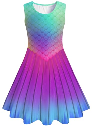 kids4ever Meerjungfrau Kleid Mädchen Ärmellos Sommerkleid Rundhals A-Linie Swing Kleider 8-9 Jahre
