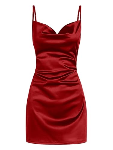 ZAFUL Damen Satin Ärmelloses Spaghettiträger Minikleid Sexy Unterkleid Wasserfallausschnitt Seidige Cocktail Party Kleider (Rot, S)