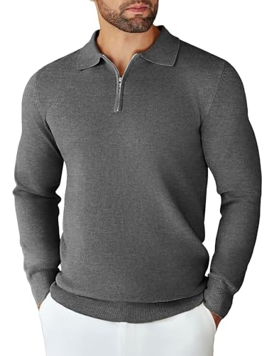 COOFANDY Herren Zip Pullover Polokragen Strickpullover Gestrick Winterpullover Männer Sweatshirt Langarmpullover Basic Pulli Mittelgrau M