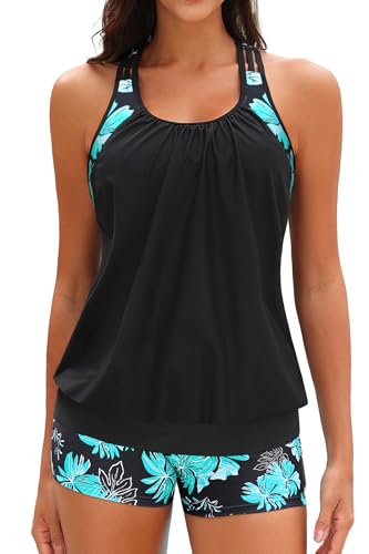 Yonique Zweiteiliger Tankini-Badeanzug, T-Rücken, Blouson, Badeoberteil mit Jungen-Shorts, Damen-Badeanzüge, sportliche Bademode, Schwarz und Grün mit Blumenmuster, Medium