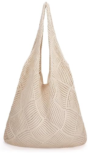 FYBlossom Sommer Strandtasche Damen Umhängetasche Häkeltaschen, Vintage Mesh Strohtasche Damen Stroh Schultertasche Handtasche, Boho Gehäkelte Tragetasche Für Reisen Einkaufen Und Urlaub (Beige)