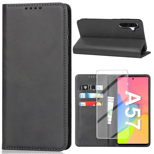 Vaki Handyhülle für Samsung Galaxy A57 5G Hülle mit Schutzfolie, Cover A57 5G PU Leder Wallet Kartenfach Klapphülle, Schutzhülle für Samsung A57 5G Flip Case Coqu Tasche Handyschutz (Schwarz)