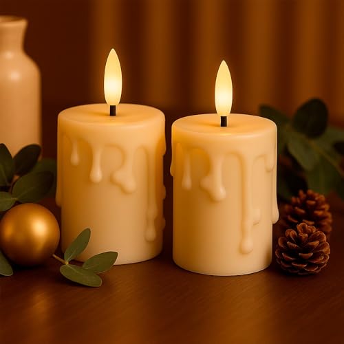 Ideen mit Herz LED-Kerzen mit Echtwachsbeschichtung | 2 Stück | cremefarben | Weihnachten | warmweiß | realistischer Flammen-Effekt | Timer-Funktion | batteriebetrieben (mit Wachstropfen)