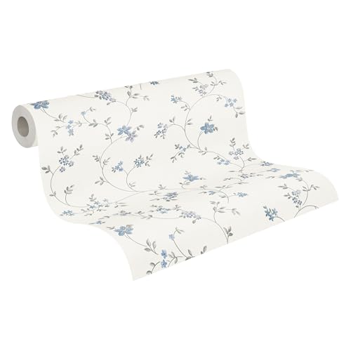 A.S. Création Maison Charme Vliestapete mit floralem Muster 0,53 x 10,05 m – Creme, Grau, Blau – Blumentapete im Landhausstil Made in Germany – 390713