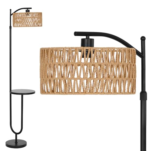 LuminexDesigns Stehlampe Wohnzimmer Vintage Rattan - Stehleuchte Schwarz Retro E27 mit Ablage Höhenverstellbar 176CM Boho Standleuchte mit 2M Kabel Fußschalter Beige Standlampe für Schlafzimmer