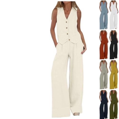Beige Hosenanzug Damen Sportlich Zweiteiliger Vintage Ärmellos Blazer Leichter Elegant Anzug Set V-Ausschnitt Weste und Hose 2 Stück Casual Festliche Große Größe Outfit Sets Slim Fit Streetwear L
