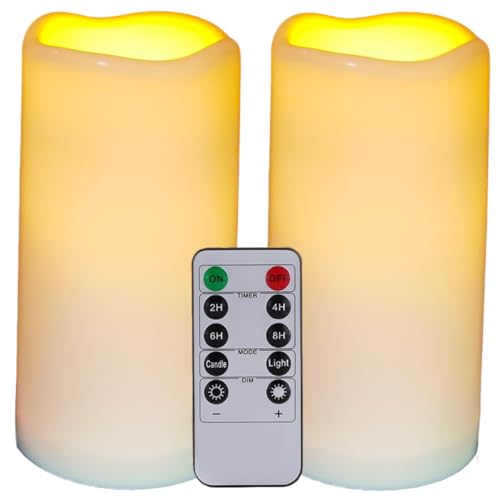 HjingChen 2 Stück Wasserdichte flammenlose Kerzen mit Fernbedienung und Timer,Outdoor-Batterie Betriebene Plastik LED Kerzen elektrische Säulenkerzen für Camping, Hochzeiten
