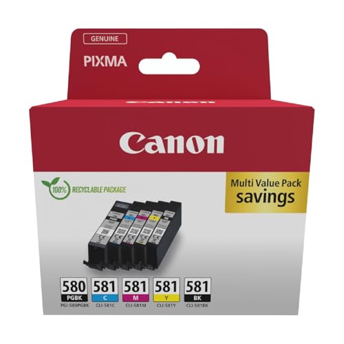 Canon Tintenpatronen - PGI-580/CLI-581 BK C M Y PGBK Original Druckerpatronen 5er Pack (1 x Schwarz, 1 x Cyan, 1 x Magenta, 1 x Gelb, 1 x Pigmentschwarz)