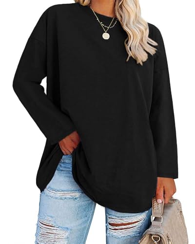 Fisoew Große Größen Langarmshirt Damen Oversize Plus Size T Shirts Rundhalsausschnitt Pullover Basic Tunika Tops Oberteile,Schwarz,XXL