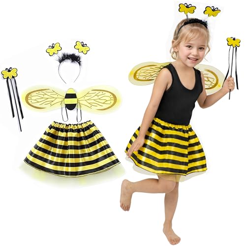 cuteDIY 4 Stück Bienenkostüm Kinder, Kostüm Biene Kind, Bienen Flügel, Bienenflügel Kinderkostüme Mädchen Set
