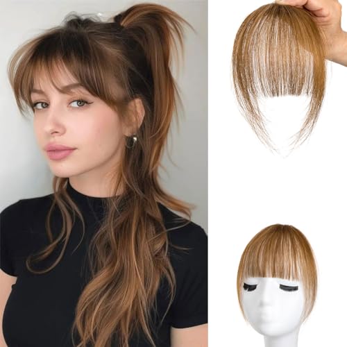 Pony-Haarverlängerung zum Anklippen, 100% Echthaar, für Damen, Haarteil, gebogener Pony (A-Light2 Brown2, Wispy Pony)