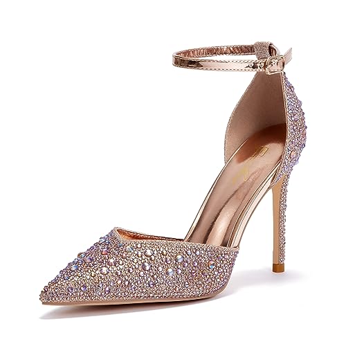 Zhabtuc Stiletto Pumps Damen Glitzer Strass Knöchelriemen High Heels 10 cm/3,94 Inches Funkelnde Spitze Absatzschuhe Party Hochzeit Heels Brautschuhe Glänzende Stöckelschuhe, Gold, 40 EU