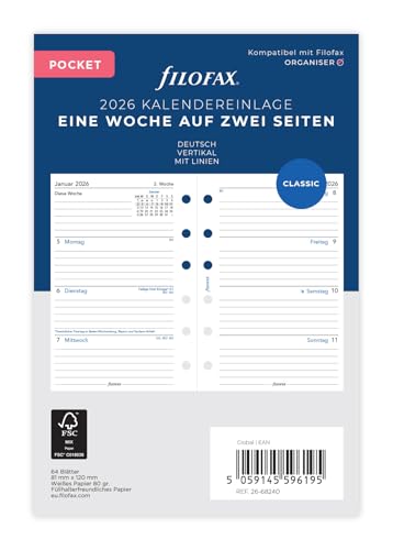 Filofax Kalender Pocket 1 Woche auf 2 Seiten vertikal (deutsch)2026