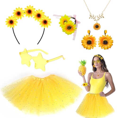 SAIIURV 6 Stücke Sonnenblumen Kostüm Damen, Gelber Tüllrock Damen mit Stern, Blumen Kostüm, Sonnenblumen Ohrringe, Halsketten, Stirnband für Karneval Halloween Fasching Mottoparty (Gelb)