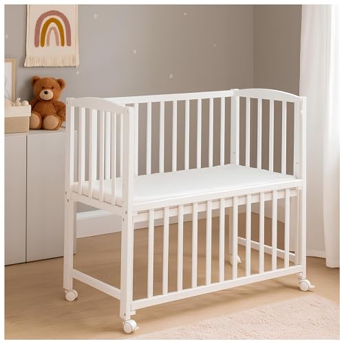 Baby Delux Baby Beistellbett weiß 90x40 cm Babybett Stubenwagen höhenverstellbar mobil mit Rädern und Matratze