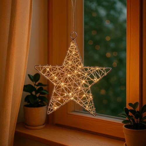 Ideen mit Herz Deko-Stern aus Draht | umwickelt mit LED Draht-Lichterkette | batteriebetrieben | Timer-Funktion: 6 Stunden AN | 18 Stunden AUS | warmweiß | ideal als Weihnachts-Deko (Ø24cm)