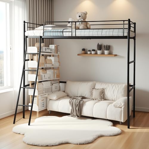 FetiNes Hochbett 90x200cm, Kinderbett Bettrahmen Metallbett, Etagenbett mit Barriere und Schrägleiter, für Erwachsene Jugendliche und Kinder, Schwarz