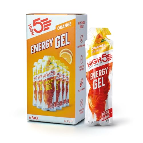 HIGH5 Energy Gels - Schnelle Energiezufuhr mit Sport Gel für Spitzenleistung - Mit natürlichem Fruchtsaft, koffeinfrei - Energie Gel für Laufen, Running, Marathon, Radsport, Ausdauer (Orange, 6 x 40g)