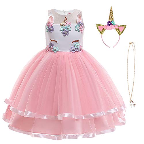 URAQT Mädchen Prinzessin Kleid, Mädchen Einhorn Cosplay Karneval Verkleidung Party Hochzeit Prinzessin Kleid mit Halskette und Stirnband, 120CM, Rosa