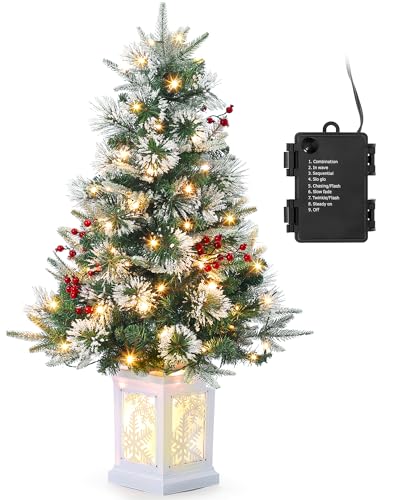 90cm Weihnachtsbaum künstlich mit 78 Beleuchtung,Batteriebetrieben Pre-lit Premium Snow Flocked Künstlicher Weihnachtsbaum mit roten Beeren Weihnachten deko für Zuhause, Büro, Weiße Basis