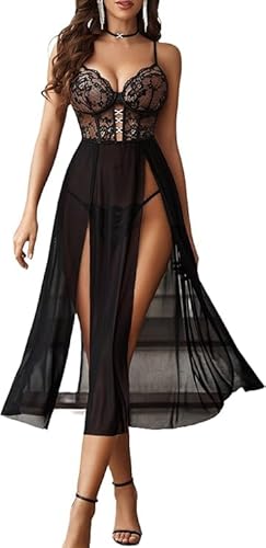 Avidlove Sexy Dessous Damen Reizwäsche Set Spitze Lingerie Netzstoff Babydoll V-Ausschnitt Unterwäsche Corsage Nachthemd Longe Nachtwäsche Seitlich Geschlitztes Negligee,SchwarzXXL