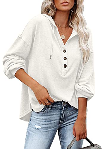 PLOKNRD Kapuzenpullover Damen Langarm Knöpfen Pullover mit Kordelzug Freizeit V-Ausschnitt Hooded Henley Sweatshirt Klassisch(Cremeweiß, L)