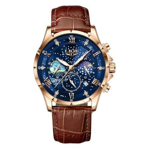 LIGE Uhr Herren | Edelstahl Wasserdicht Analog Mondphase Quarz Herrenuhr Chronograph Lederarmband Watches for Men Mit Datum Leuchtende Herrenarmbanduhren Business Retro Männer Uhren,Goldblau
