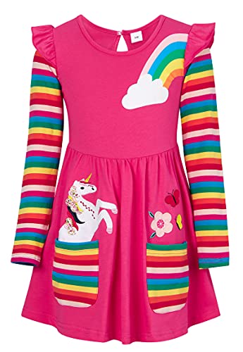 SFreeBo Einhorn Regenbogen Kleid für Mädchen - Kinder Geschenk Baumwolle Langarm Bunt Kleider 110, Rosarot