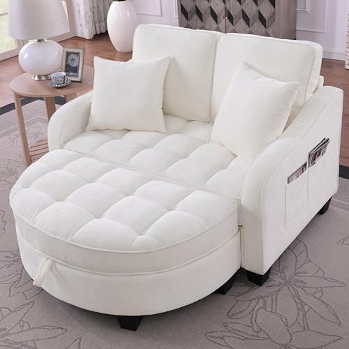 A ALFRESCOOL Sofa mit Schlaffunktion, 2-in-1 Schlafsofa, Modulares Sofa, Aufbewahrungs-Hocker & 4 Kisse, für Kleine Wohnzimmer, Studienzimmer, Schlafzimmer, 132×129×93cm (Beige)