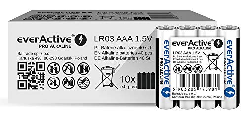 everActive AAA Batterien 40er Pack, Pro Alkaline, Micro LR03 R03 1.5V, höchster Leistung, 10 Jahre Haltbarkeit, 40 Stück