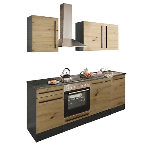 Jazz 8 Moderne Küchenzeile ohne Elektrogeräte in Anthrazit, Artisan Eiche Optik - Geräumige Einbauküche mit viel Stauraum - 220 x 211 x 60 cm (B/H/T)