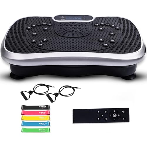 Vibrationsplatte - Fitnessgeräte für Zuhause - 99 Intensitätsstufen - 5 Trainingsprogramme - Massagegerät & Sportgerät mit Bluetooth für Home Workout - Mit Widerstandsbändern - WeightWorld