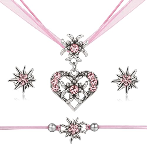 TOWLEING 4 Stück Trachtenschmuck Damen Edelweiß Trachtenkette Armband Ohrstecker Dirndl Schmuck Elegantes Dirndl Schmuck Damen für Dirndl oder Lederhose Hochwertiges Trachtenschmuck Set