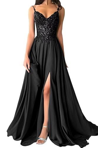Damen Chiffon Ballkleider Spaghettiträger Spitzenapplikationen Abendkleider Elegant für Hochzeit A-Linie Ballkleid mit Schlitz