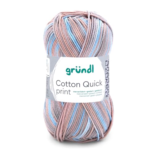 Gründl Wolle Cotton Quick print - dünn zum Häkeln mit Farbverlauf - Strickgarn - Glänzend und hautfreundlich - 100% Baumwolle - 1 Knäuel 50 g / 125 m - Nadelstärke 3-4 - Beige-blau-grau