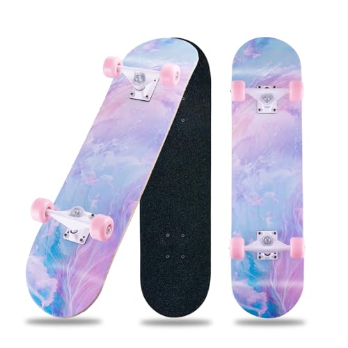 31 x 8 Zoll Komplettes Skateboard für Anfänger - 8-Lagiges Ahornholz, ABEC-11 Kugellager, Double Kick Deck Concave für Jugendliche und Erwachsene (Pink-JG)