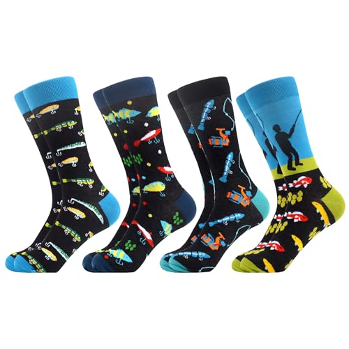 WeciBor Herren Lustige Bunte Socken mit Motiv, 4 Paar Mehrfarbig Angeln, Größe 41-46