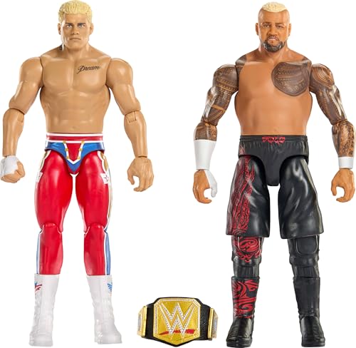 Mattel WWE Hauptkampf Showdown Actionfiguren im 2er-Pack mit Zubehör, Serie #24 Cody Rhodes gegen Solo Sikoa, Sammelfigur-Set, ca. 15 cm groß, JHJ54, [Mehrfarbig]