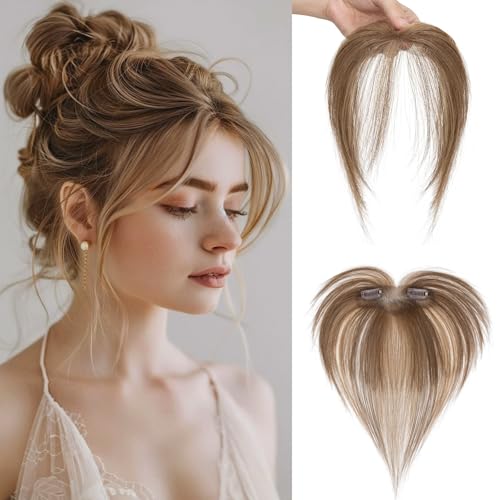 MY-LADY Clip in Pony Haarteil Echthaar Acht Charakter mit 2 Clips, Remy Pony Fringe Perücke Luft 3D Haarverlängerung, Extensions Bangs Natürliche für Damen Farbe Mittelbraun/Dunkelblond