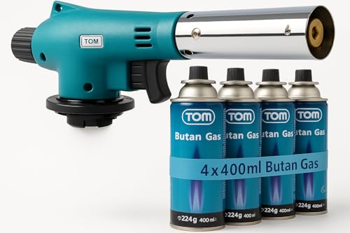 TOM Gasbrenner – Brenneraufsatz - Gaskartuschen mit Bajonettverschluss MSF-1A für Werkstatt, Garten, Küche & Co. – 1300°C – Piezozündung – Lötbrenner – Bunsenbrenner (Gasbrenner mit 4 Gaskartuschen)