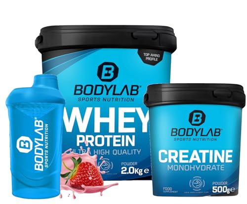 Bodylab24 Megadeal Basic Aufbau, Whey Protein Erdbeere, Creatine Monohydrate + Shaker für Kraftsport und Fitness, kann den Aufbau und Erhalt von Muskelmasse unterstützen