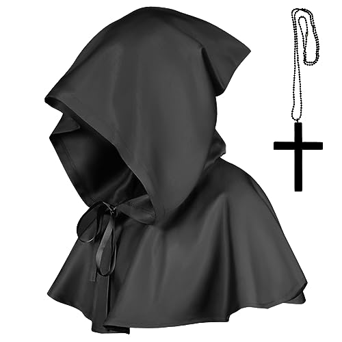 Mittelalter Kurzhaube Kapuzenmantel, Unisex Mittelalterliche Kapuze Halloween, mit Kreuz Halskette, Mittelalterliche Kapuzen Cowl, Halloween, Karneval Cosplay Kostüme für Männer und Frauen