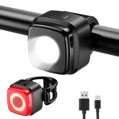 OnMeto Fahrradlicht Set, IPX5 Wasserdicht Frontfahrrad Lampe Rücklicht Fahrrad licht Set,USB Type-C Wiederaufladbares Fahrradleuchten Set für Fahrrad (Schwarz)