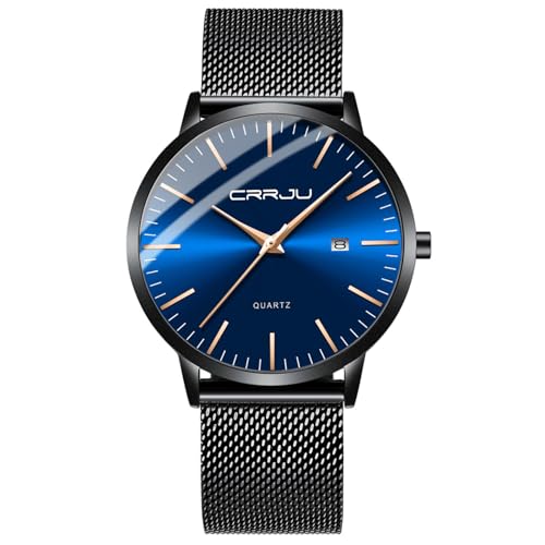 CRRJU Herren Uhr Ultra Dünne Wasserdicht Armbanduhr Herren Mode mit Schwarz Edelstahlband Mesh Analog Quarz Business Männer Uhren