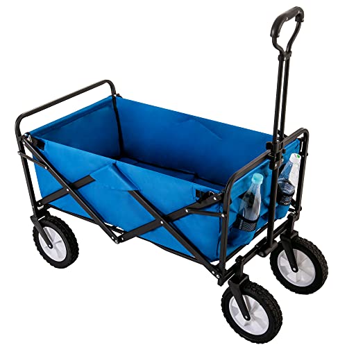 Merax Bollerwagen, Faltbar Handwagen mit verstellbare Griffe, Gartenwagen Transportwagen mit Getränkehalter, Strandwagen Picknickwagen, 360°Rotation des Vorderrads, Max Belastung 100 kg (Blau)